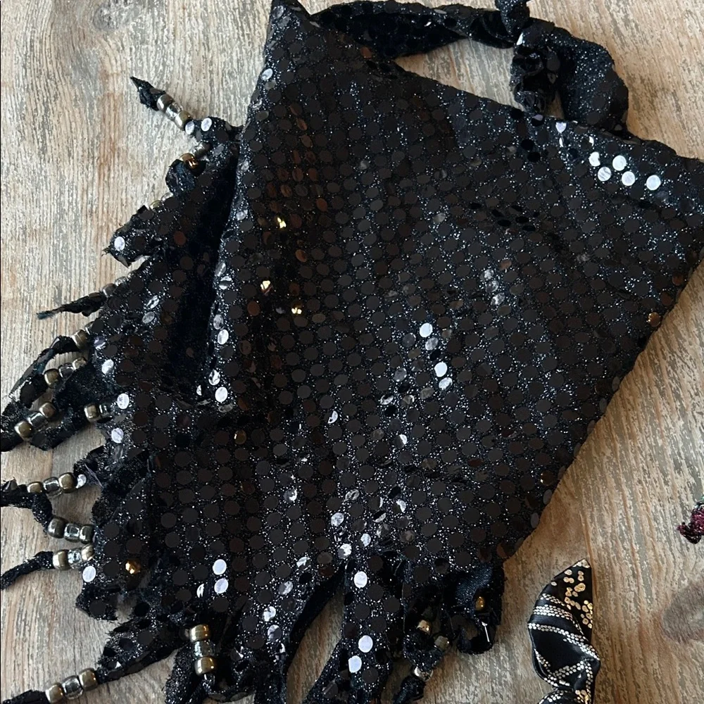 Vintage Four Beaded Fringe Scarves - Black, Pink, Green, Patterned - Picture 3 of 4